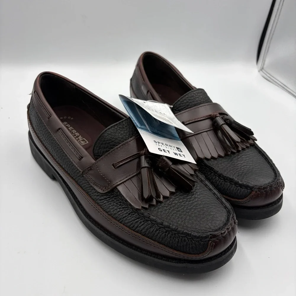 Sperry Seaport DBL KT Black Men's NEW Leather Slip-On Boat Shoes Brown US 9